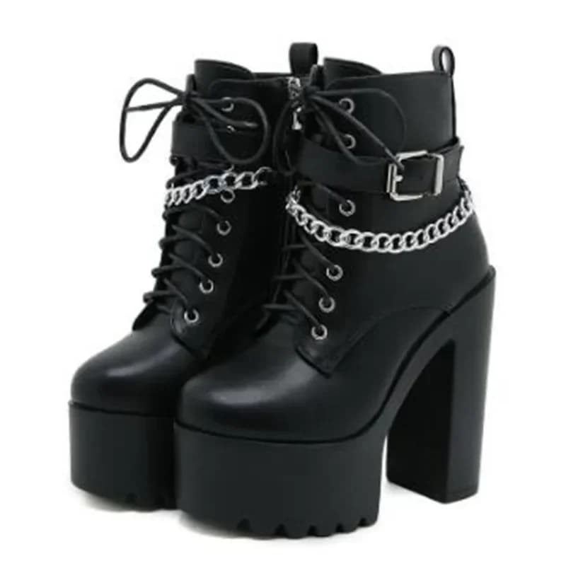 NEW Gothic Buckle Strap Ankle Boots Women Leather Platform Block Chunky Heels Chain Ultra High Heels Motorcycle Boot Botas Mujer
