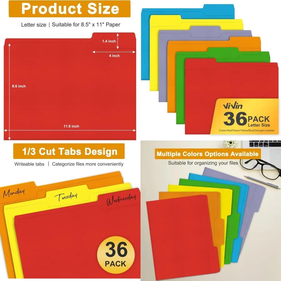Cartelle di file ViVin adatte a 8,5 x 11 lettere in carta, schede a 1/3 tagliate, confezione da 36 cartelle di file colorate Manilla, perfette per l'home office e