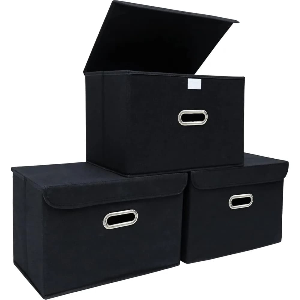 Set di 3 Cubi Portaoggetti in Tessuto Nero – Contenitori Pieghevoli con Coperchio e Maniglie in Metallo per Armadio, Camera da Letto, Casa