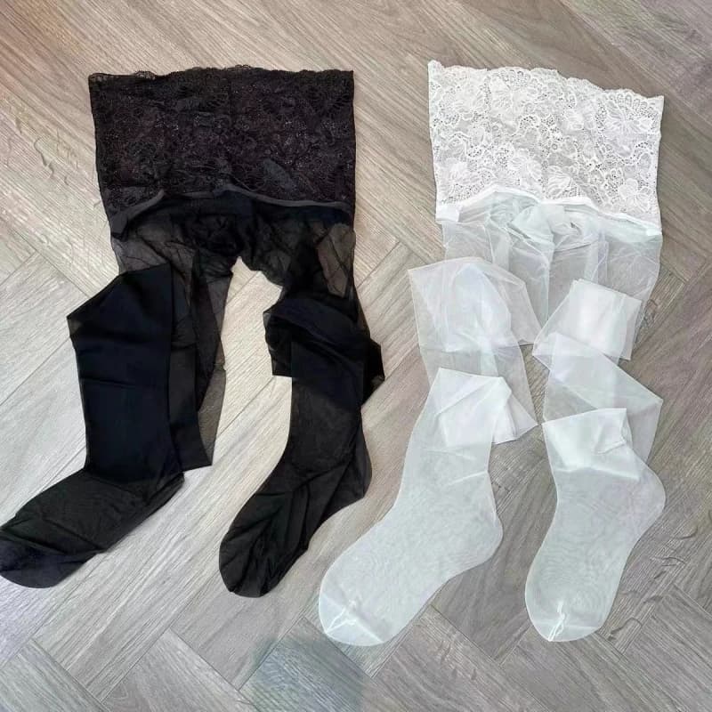 2026 Summer 0.01D Super Thin Breathable Pantyhose Women Sexy Oil Shiny Lace Waist Seamless Crotch Tights Transparent Lingerie