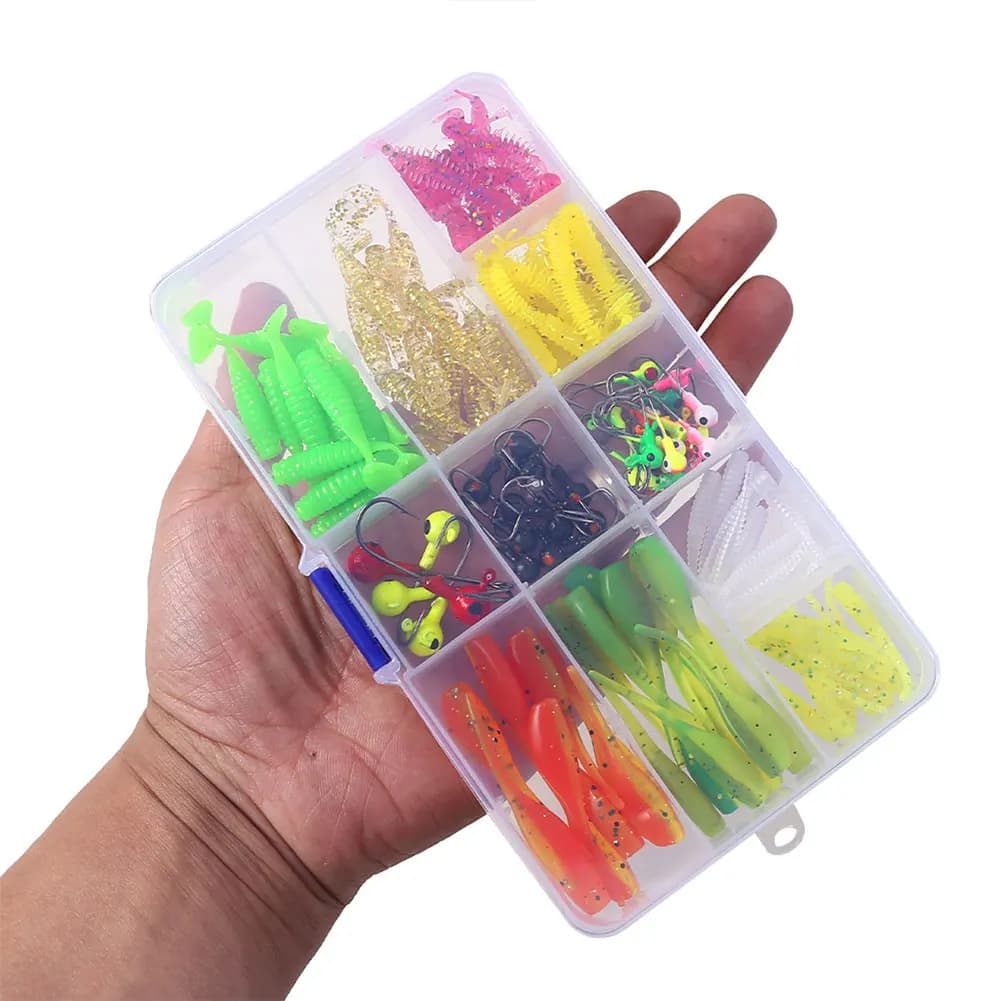 Kit di 115 Esche da Pesca a Coda a T con Amo Jig, Set di Accessori per Esche da Pesca, Esche Morbide, Scatola per Attrezzatura da Pesca
