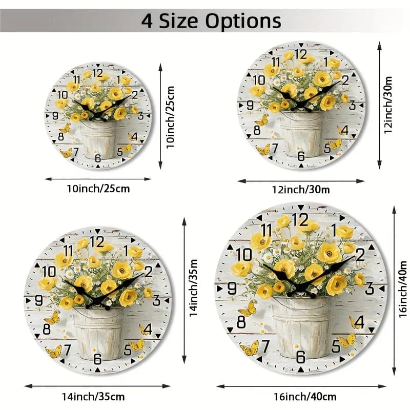 Rustic Yellow Flower Bouquet Wooden Wall Clock - Non-Ticking, Round Analog Clock with Floral Design in White Bucket - Perfect for Kitchen, Home Office, Library, Hallway, Apartment Decor - Sizes 10", 12", 14", 16", Wall Clock Living Room