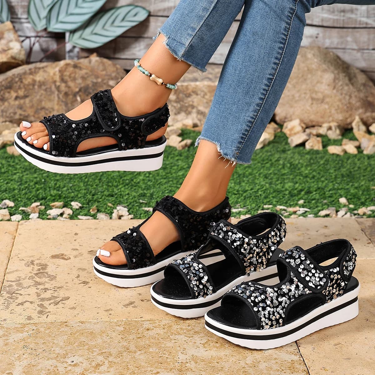 Sandali Estivi da Donna con Design in Velcro, Punta Aperta e Piattaforma, Nuova Decorazione con Paillettes 2026, Sandali Casual con Zeppa Antiscivolo