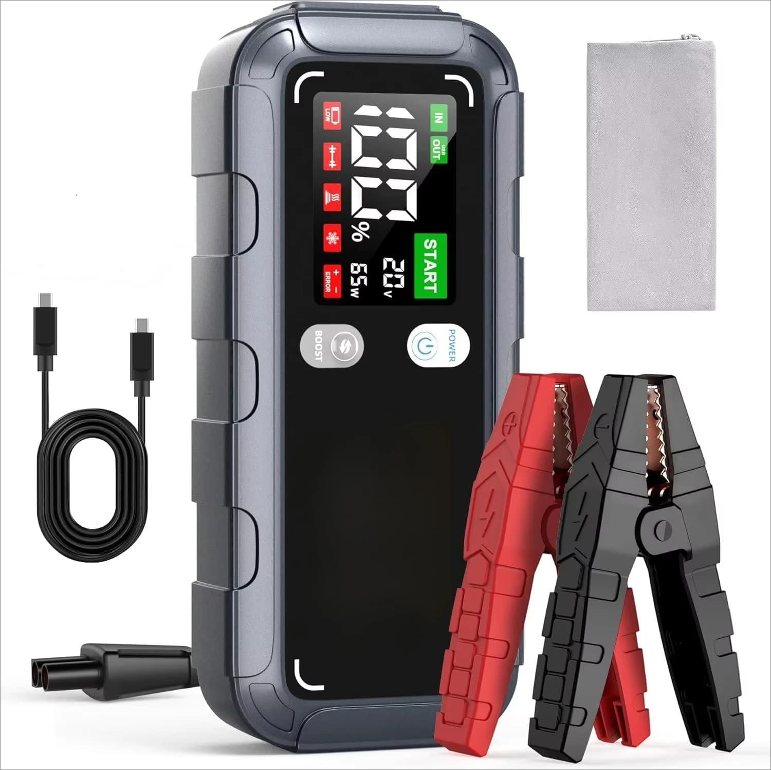 ZK005 Avviatore di emergenza per auto portatile IP65 Impermeabile PD65W Luce a LED Ricarica rapida con schermo LCD Kit di strumenti di emergenza multifunzionale