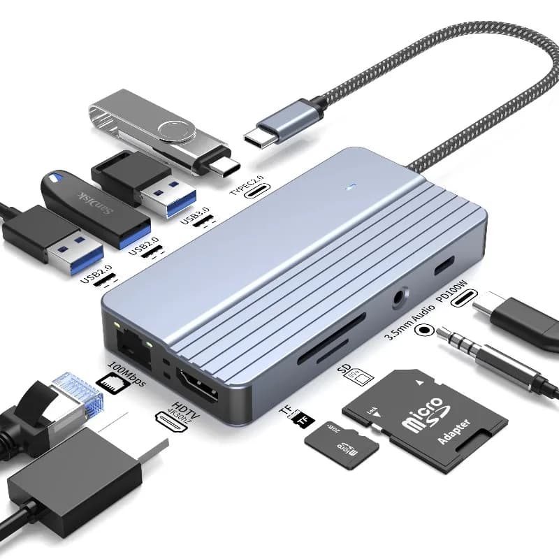 Hub Multifunzione 10 in 1 con Ricarica PD 100W, Lettore SD/TF, HDTV 4K30Hz, USB 3.0, Docking Station Type-C per Laptop/Mac