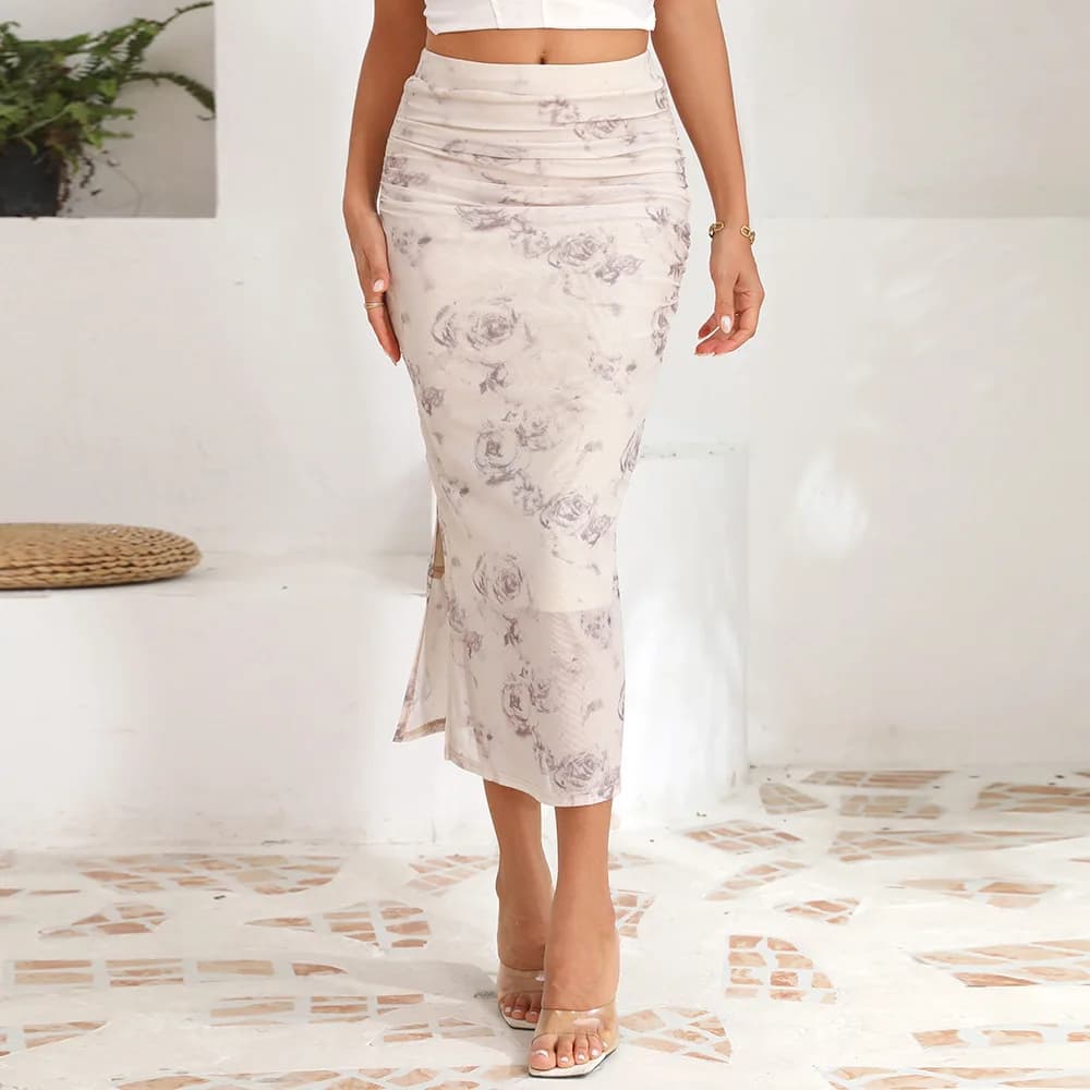 Gonne lunghe con spacco a vita alta stampate floreali Gonna estiva elegante slim fit da donna Abito da vacanza chic Abito da pendolare da donna da ufficio