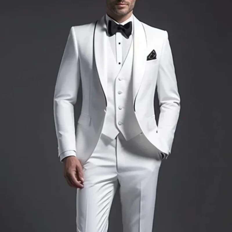 White formal dresses for men 3 pieces shawl lapel tuxedo bridal groomsmen dress with button single dance party slim fit 2025
