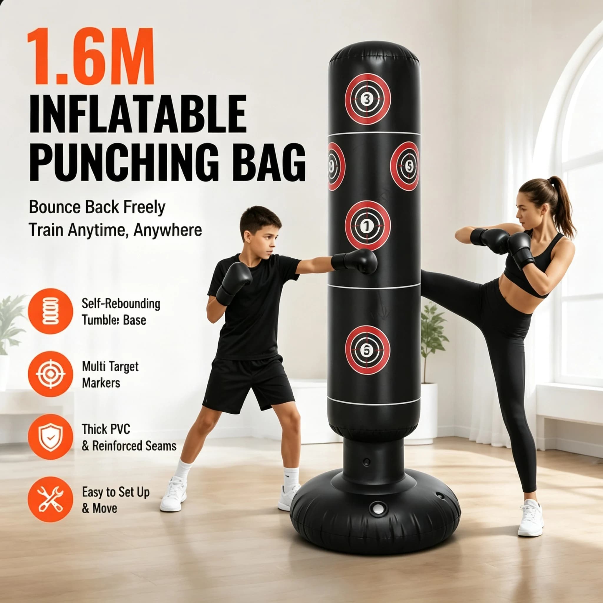 1.6m Inflatable Standing Punching Bag Freestanding Boxing Punch Bag PVC Training Sandbag for Kids Adults Workout Stress Relief