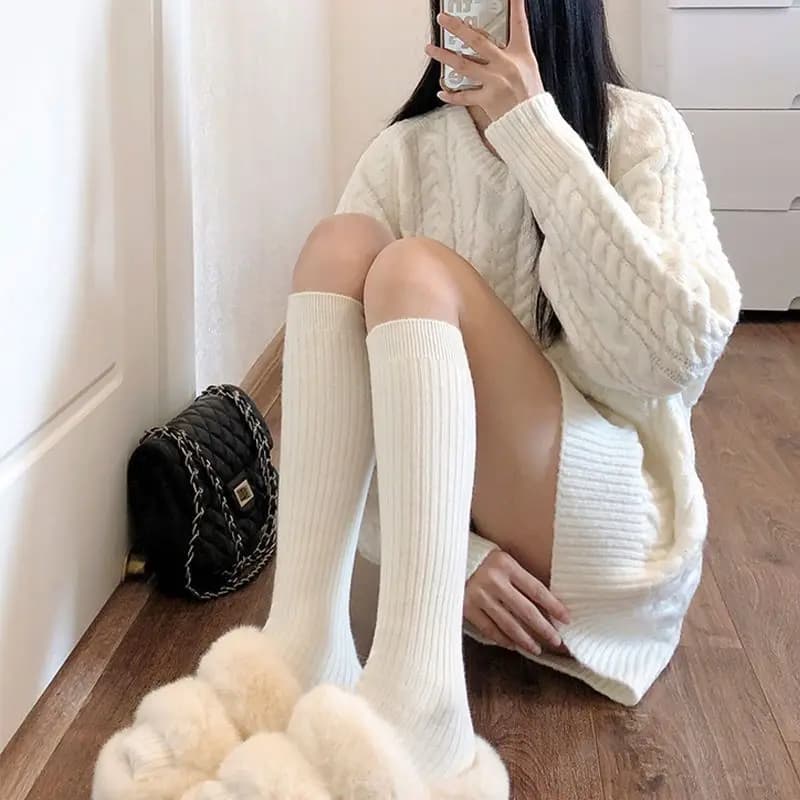 Calzini lavorati a maglia da donna per autunno e inverno, tinta unita, con barre verticali, calzini caldi al ginocchio, calzini alla moda Harajuku Lolita