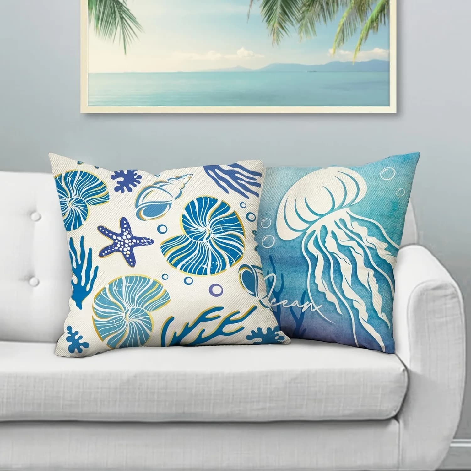 Fodera per cuscino blu oceano da 4 pezzi con guscio di tartaruga e conchiglie, adatta per divano, auto, camera da letto, fodera decorativa per cuscino