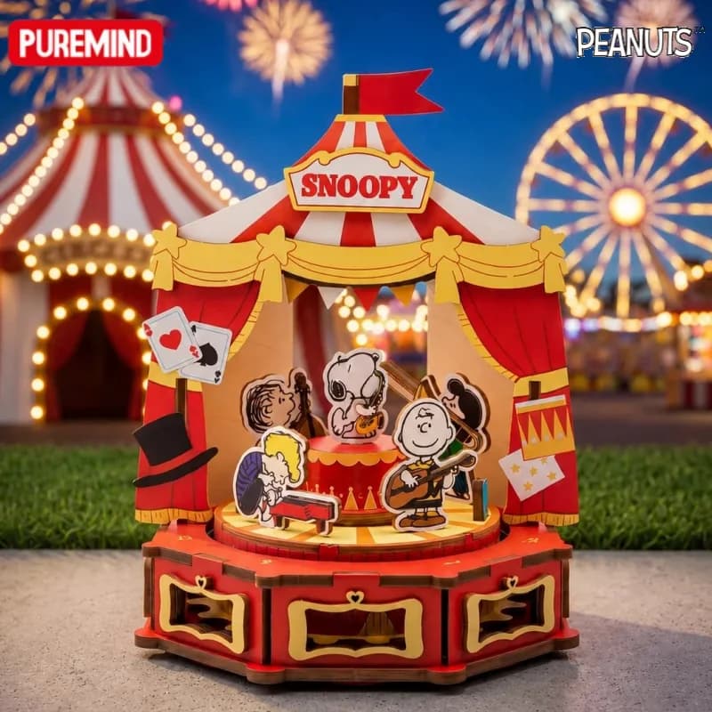 PUREMIND Snoopy Wooden Building Block Series Carousel Ferris Wheel Pirate Circus Assembled Model Toys Ornaments Gifts