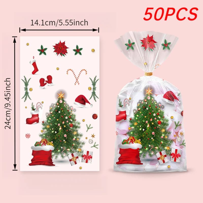 Sacchetti regalo di Natale riutilizzabili da 50 pezzi con nastro dorato - Modelli di Babbo Natale/riero/alberi/simpatico/canne di caramelle, per Natale