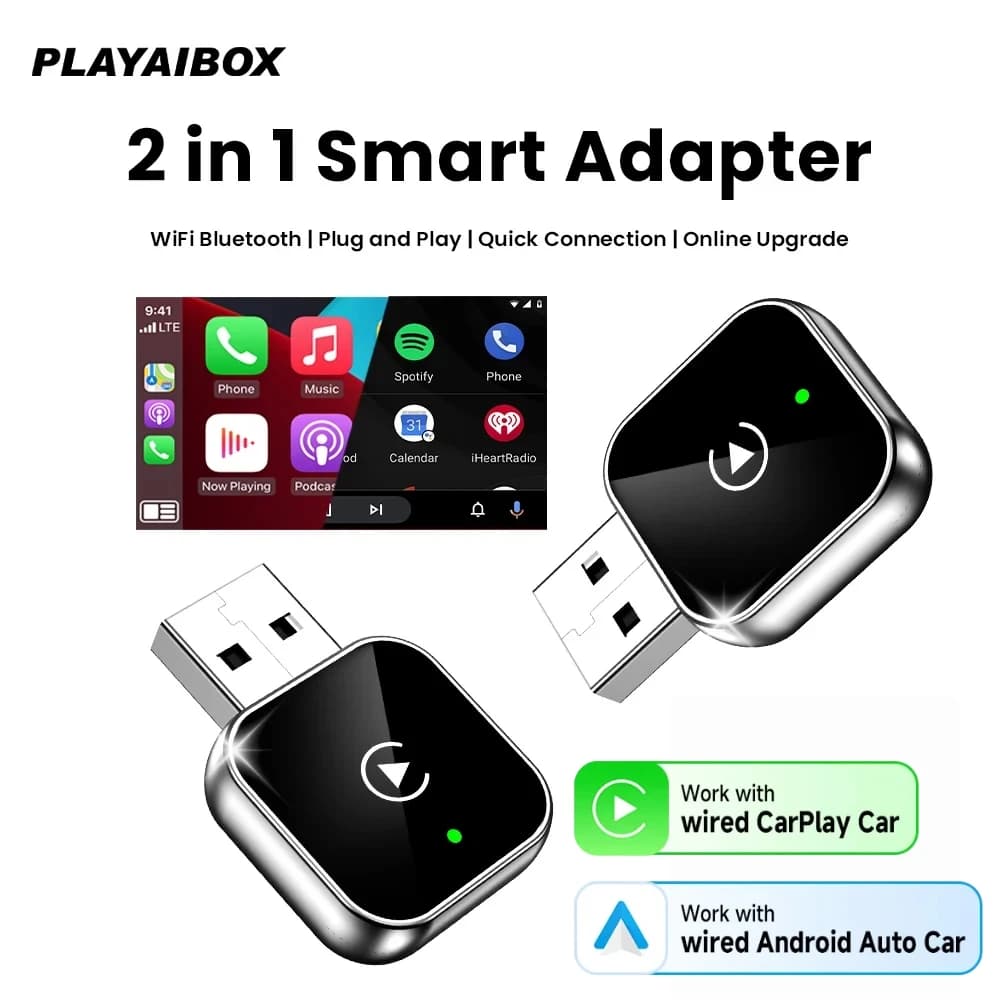 PLAYAIBOX Adattatore Wireless Carplay Android Auto Smart 2In1 Dongle 2.4G e 5.8Ghz WiFi BT Auto Connect Plug&Play per AA CP cablato