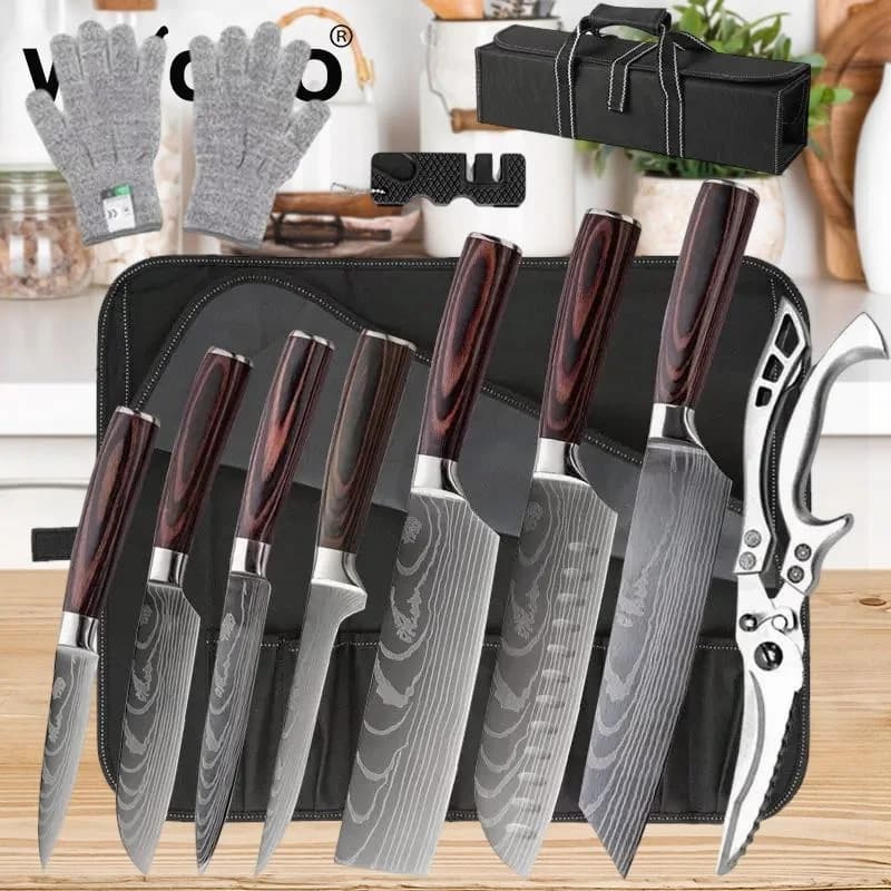 WXCOO Coltelli da cucina giapponesi Set di coltelli in acciaio ad alto tenore di carbonio con fodero Coltello da macellaio Santoku Coltello per disossare mannaia