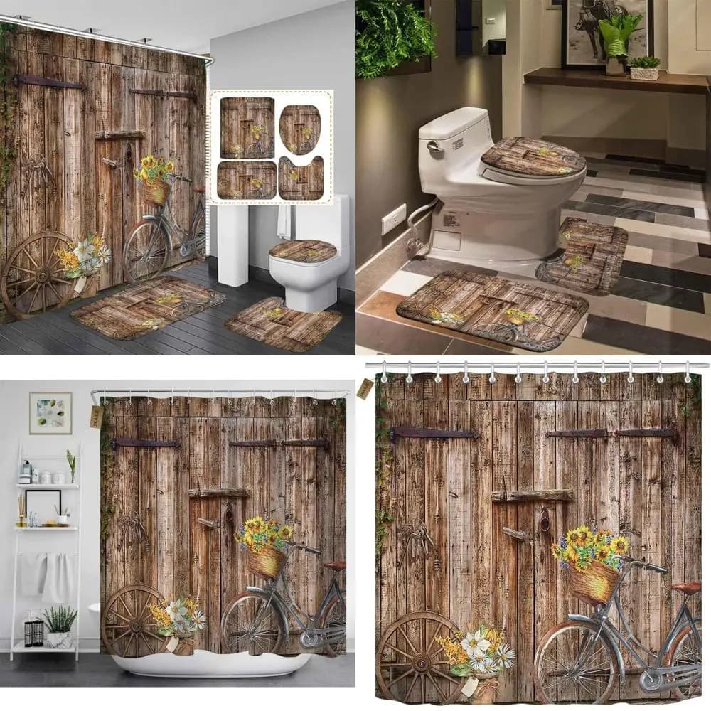 arredamento rustico per il bagno della fattoria: set di tende da doccia marroni da 4 pezzi con bicicletta gialla girasole e ruota del vagone