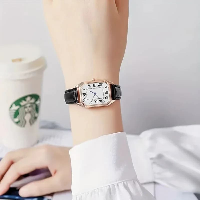 Quartz rectangular casual wristwatch with hands, Rome style, analogue, retro, with PU leather strap, for women and girls