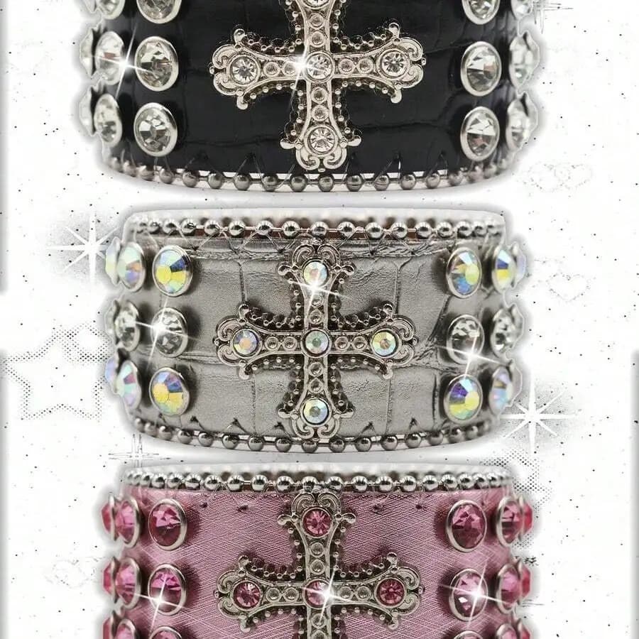 Wide Leather Cross Bracelet With Rhinestones Punk Hip Hop Fashion Bangle For Adults