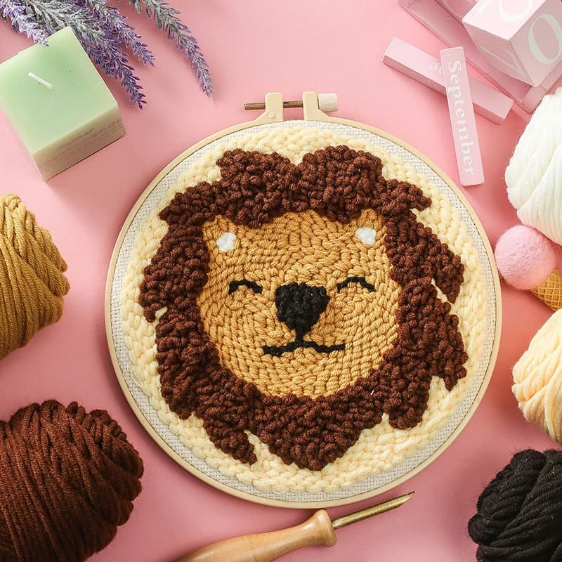 Cute Lion Punch Needle Embroidery Kit Set for Beginners No Tool No Hoop DIY Craft Kits