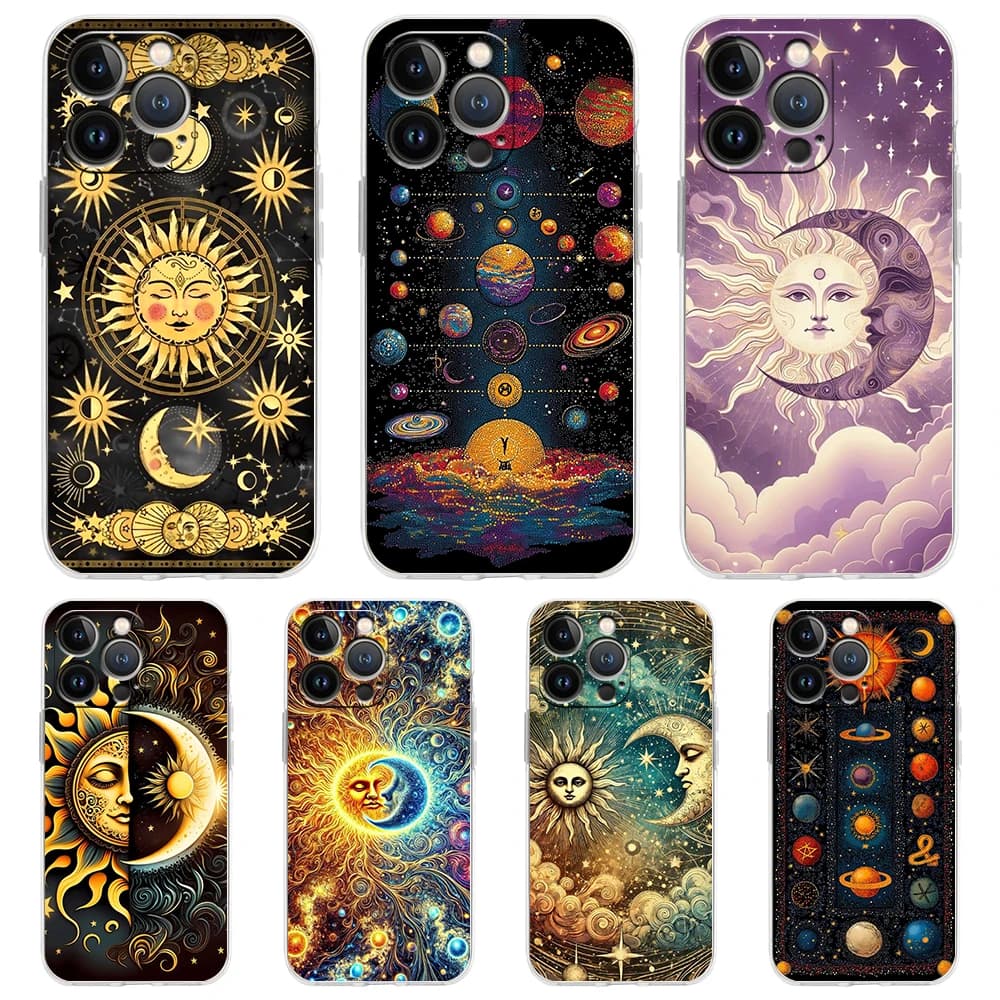 Custodia morbida per telefono trasparente in TPU per iPhone 16 15 14 13 12 11 Pro Max XR 8 7 Plus Custodia antiurto Sun Moon Stars Pattern