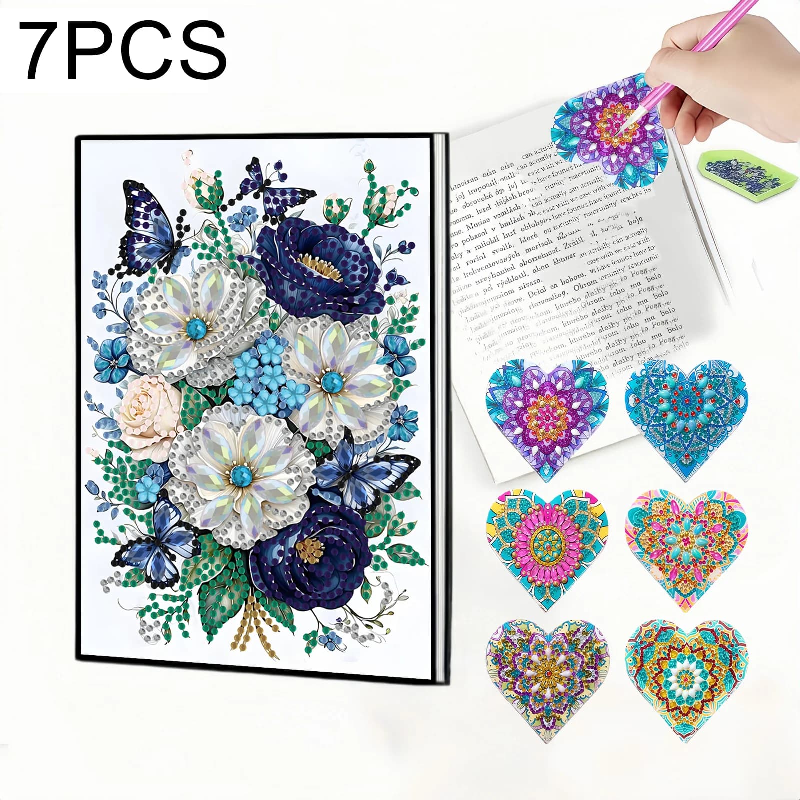 7 Pieces, 1 Diamond Painting Notebook + 6 Bookmarks, Butterfly flower, Mandala pattern, PU Leather, Sketchbook use