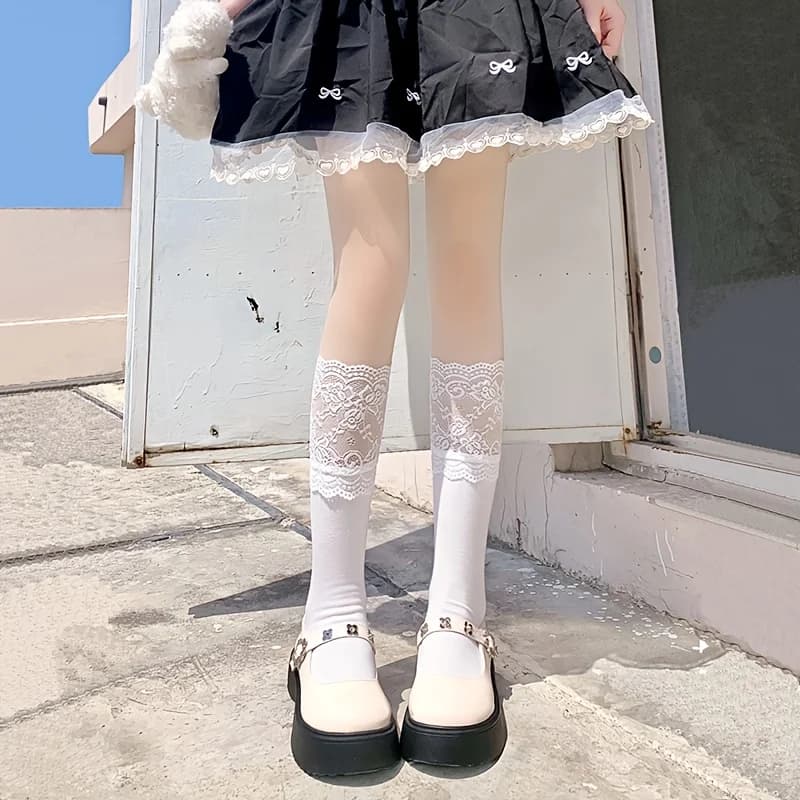 1 pair of youth long socks, spring/summer thin lace long socks to pair with long boots, calf socks