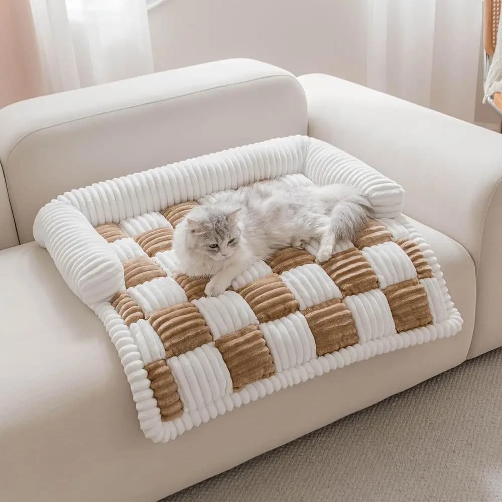Copridivano Imbottito in Peluche per Cani e Gatti, Quadri Crema, Adatto per Animali Domestici di Taglia Grande e Media (Marrone Chiaro, 70 x 70 cm)