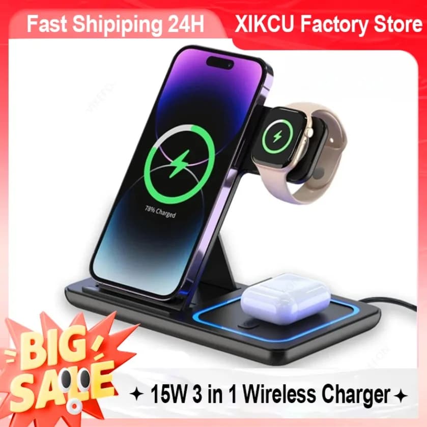 XIKCU Stazione di ricarica wireless pieghevole per iPhone 16 15 14 13 12 iWatch Ultra Airpods 4 Pro 3 in 1 Supporto per caricabatterie rapido