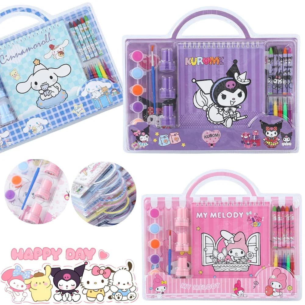 Nuovo Set Regalo di Cancelleria Sanrio, Set Timbri e Disegno Kuromi My Melody Cinnamoroll, Regalo per il Ritorno a Scuola, Materiale Scolastico