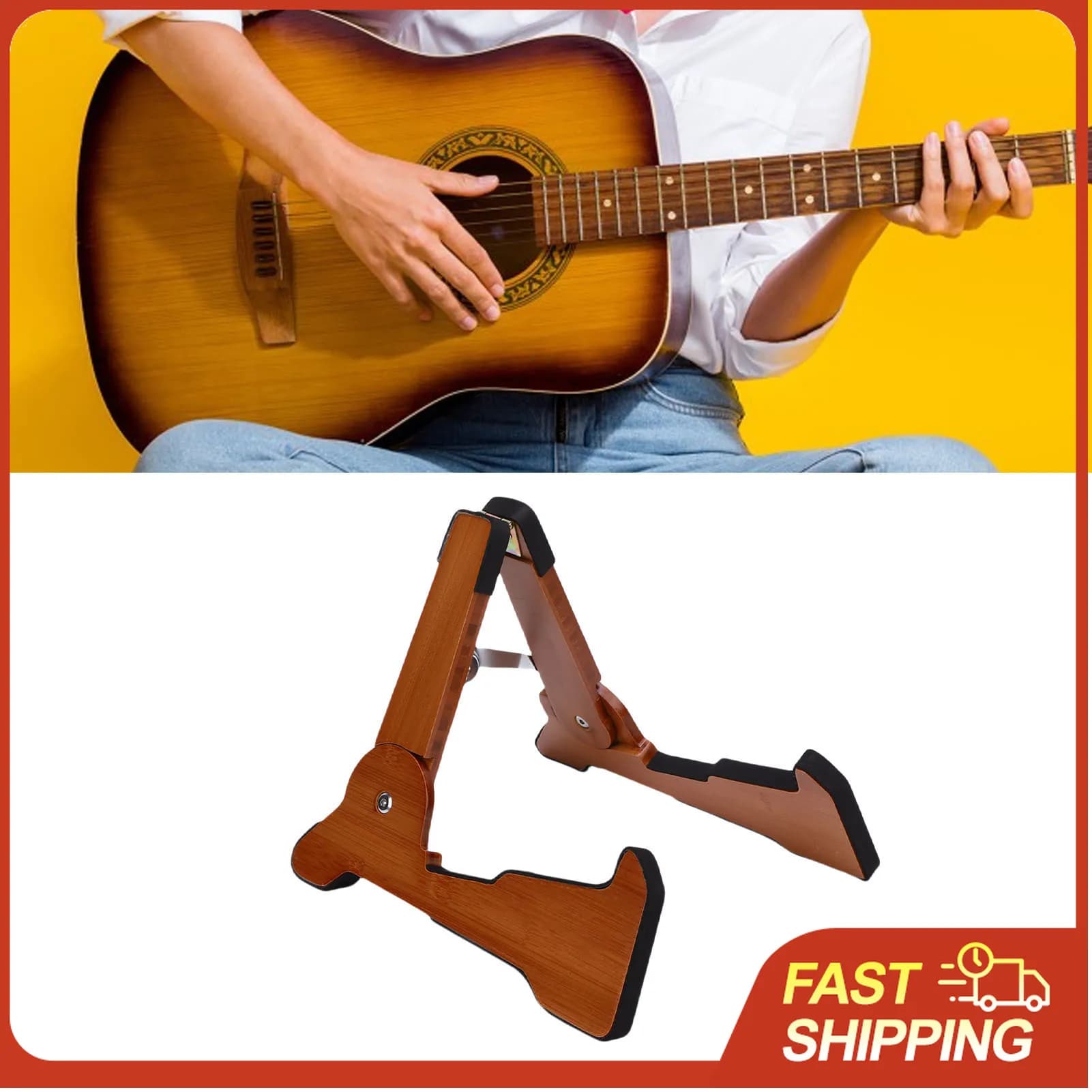 Supporto per Chitarra in Bambù Massiccio, Universale Pieghevole e Stabile per Chitarra Acustica, Elettrica, Basso, Violoncello, Mandolino, Banjo, Ukulele, per Casa e Viaggio