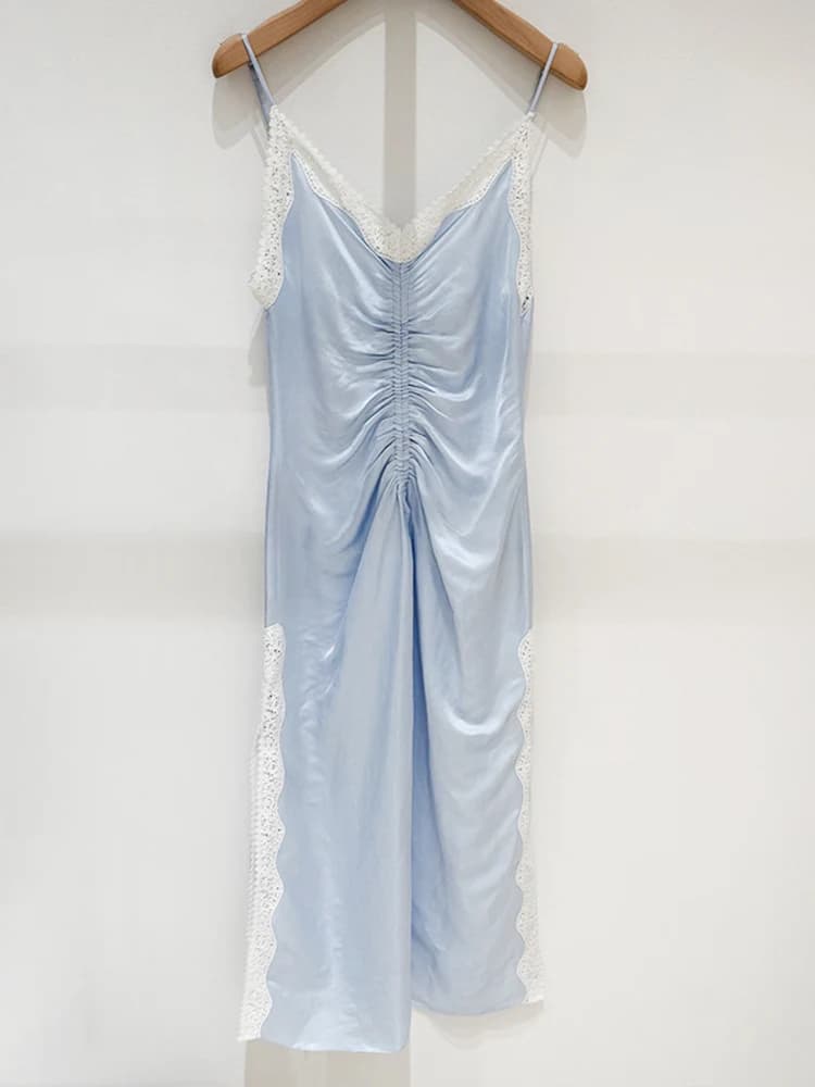 Abito Slip con Scollo a V e Pizzo Stile Francese, Vestito Estivo Primaverile da Donna con Spacco Laterale Sexy, Senza Spalline, con Bustino Arricciato, Casual da Sera