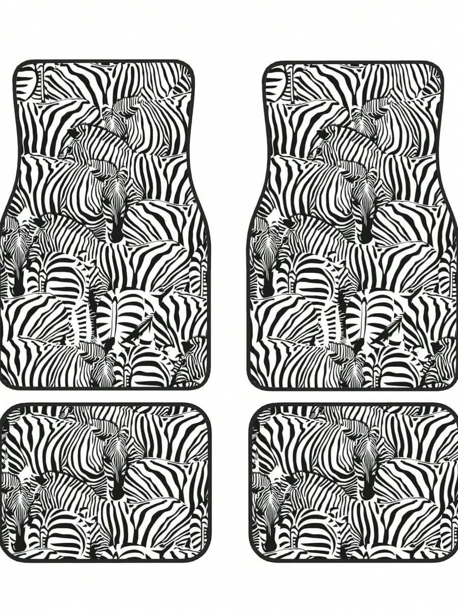 Zebra Pattern 4-Piece Car Floor Mats For Most Vehicles – Rubber Backing,Durable & Stylish Auto Interior Accessories