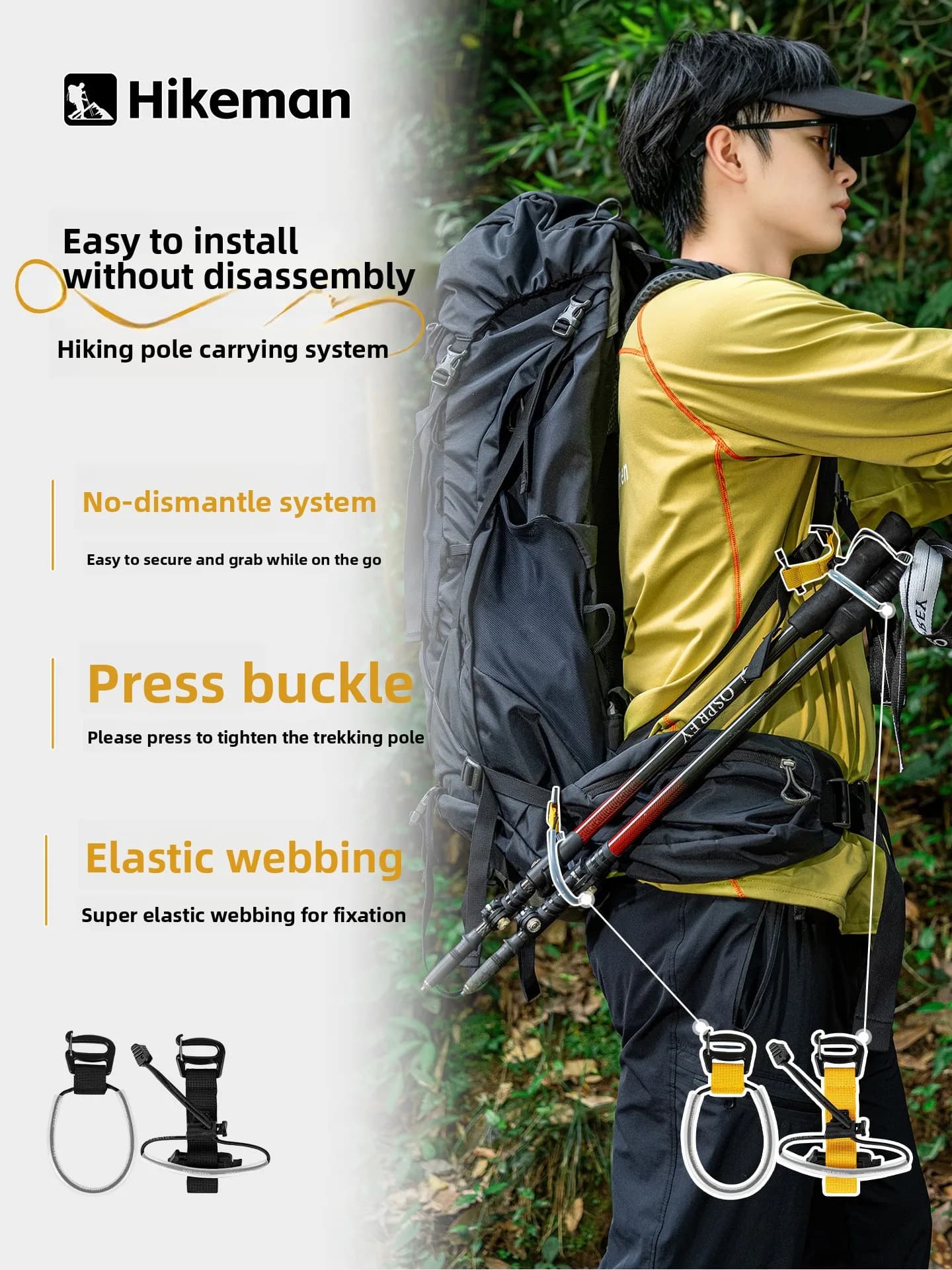 Quick-Release Trekking Pole Strap Mount System Elastic Cord Fixing Rope for Backpack Hands-Free Hiking Camping Outdoor Access