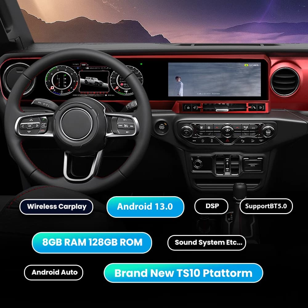 Autoradio Android 13 per Jeep Wrangler JL 2018-2023 e Gladiator, Doppio Schermo, Cruscotto Digitale, CarPlay