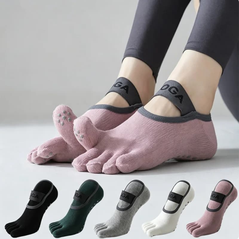 1 Pairs EU Size 38-42 Yoga Socks for Women with Grips, Non-Slip Five Toe Socks for Pilates, Barre, Ballet, Fitness