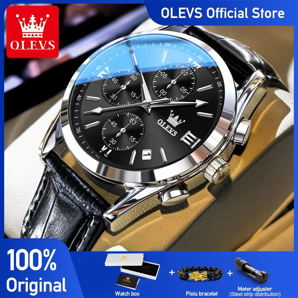 OLEVS 2872 Orologi da uomo d'affari di marca Cinturino in pelle di moda Orologio da polso al quarzo originale luminoso multifunzionale per uomo