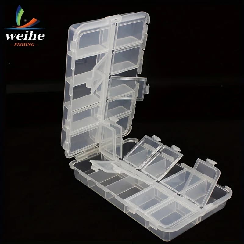 WEIHE Mini Fishing Tackle Box 10 Compartments for Small Clear Plastic Waterproof Hooks Lures Baits Fishing Accessories