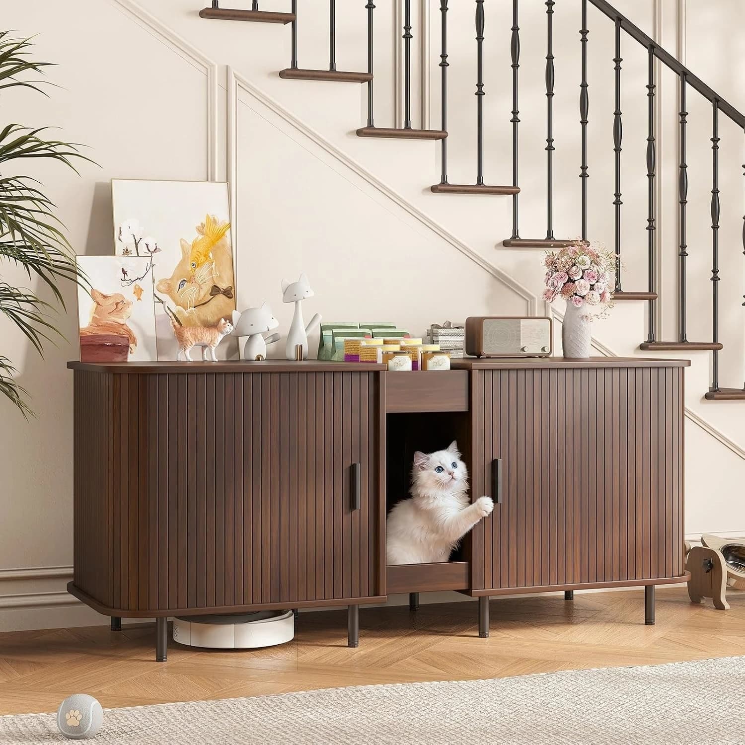 Walnut Wooden Hidden Double Cat Litter Box Enclosure Cabinet for 2 Cats, 55" Large Dual-Room Indoor Cat House Furniture with Built-In Cat Scratch Pad, Multi-Purpose Pet Storage TV Console Stand