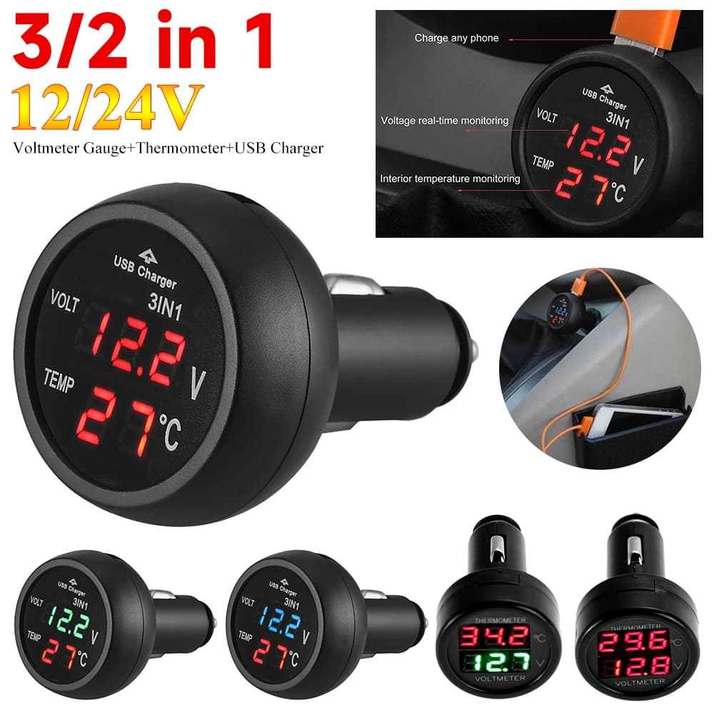 Monitor for Auto 3 in 1 12/24V with USB Charger for Telephone, Tablet, GPS, Digital Voltmeter LED and Thermometer