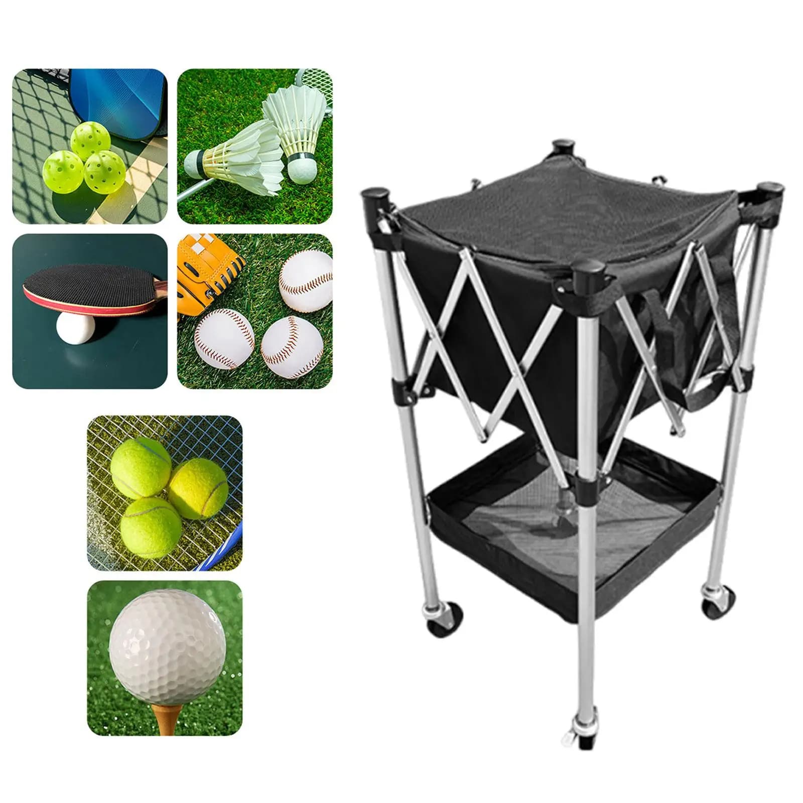 Carrello per cestini per palline da tennis Carrello didattico per collezionisti Carrello portaoggetti pieghevole per pickleball per allenatori di raccolta di allenamento Palestre Sport