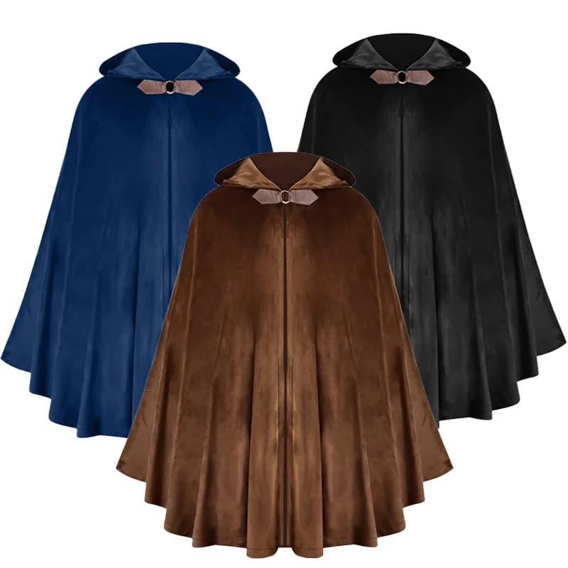 Mantello da uomo in velluto con cappuccio, mantello medievale rinascimentale con cappuccio da donna, mantello con cappuccio di Halloween con chiusura ad anello in metallo