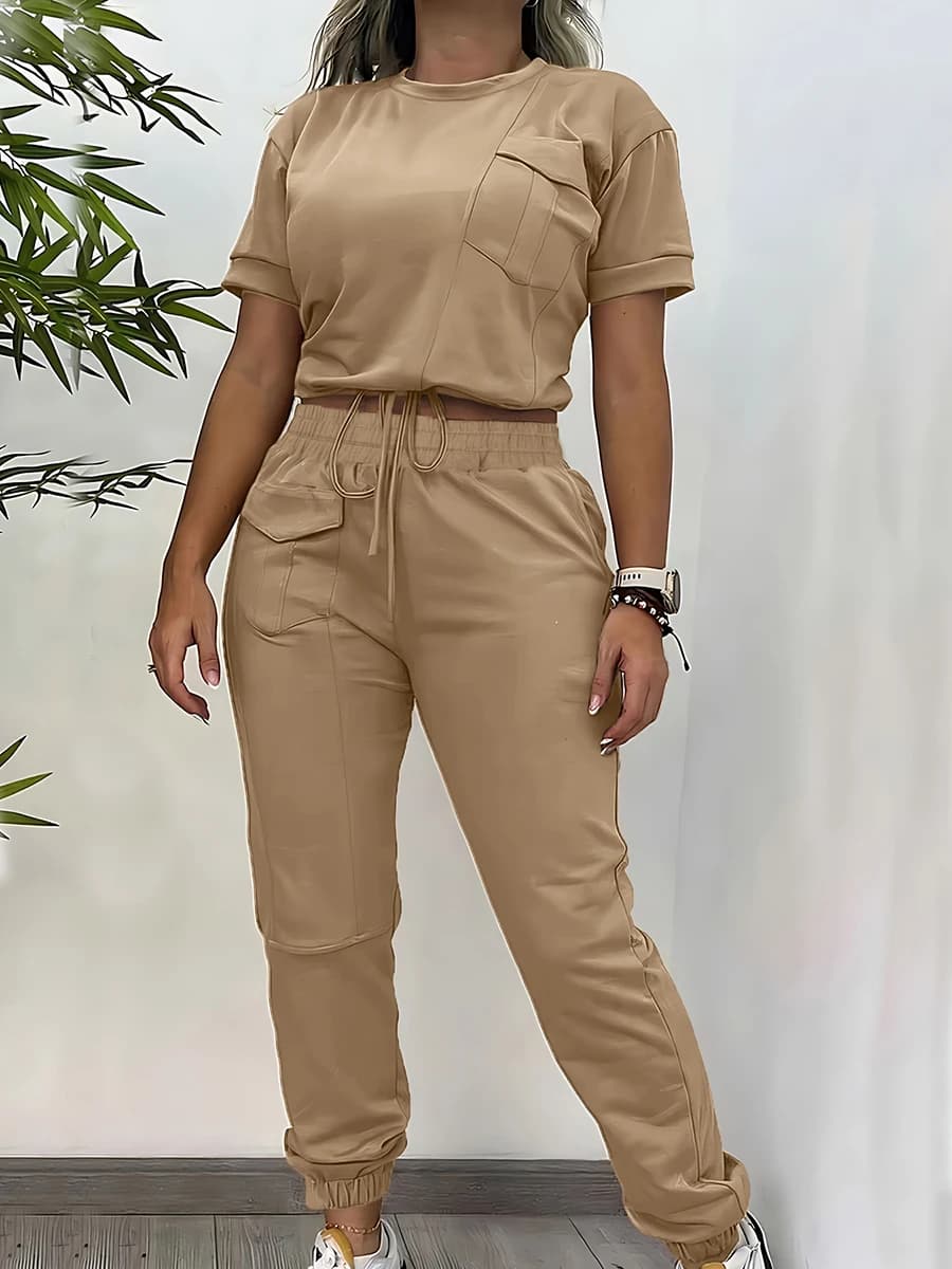 Women's Cargo Two Piece Set Short Sleeve O-Neck T-shirt Top High Waist Elastic Drawstring Jogger Pants Tracksuit Outfits
