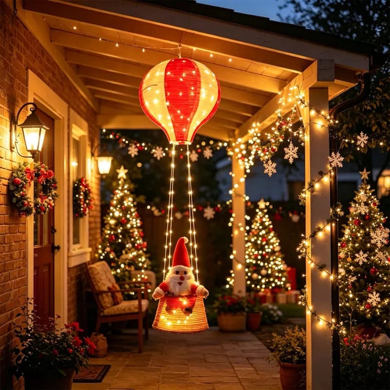 LED Illuminated Hot Air Balloon Santa Hanging Indoor Christmas Lights Leather Cord Fairy Lights Creative Scene Decoration