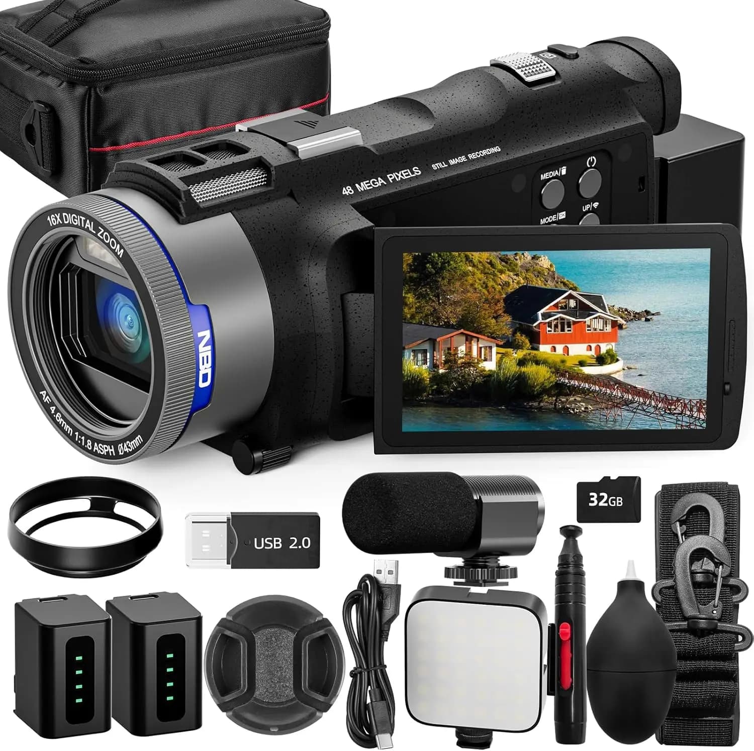 Videocamera NBD 4K con videocamera Vlogging da 48mp con controllo wi-fi e App, videoregistratore con durata della batteria 3X, Zoom 16X