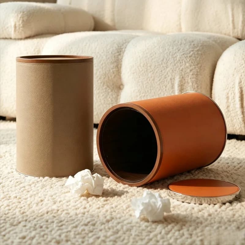 Leather Trash Can Bedroom Waste Bins with Lid Luxury Office Stainless Steel Edge Garbage Bin Portable Food Waste Litter Bins
