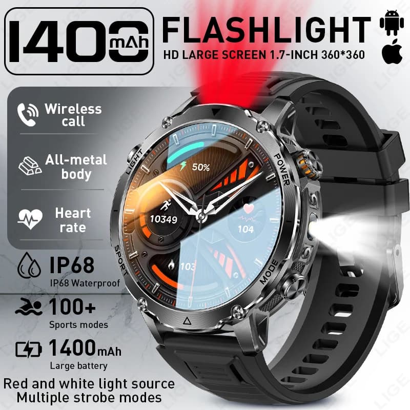 LIGE 2026 Military Smartwatch 1.7" With Flashlight Clock SOS Alarm 1400mAh Extra-Large Battery Men Sports Fitness Swim Watches