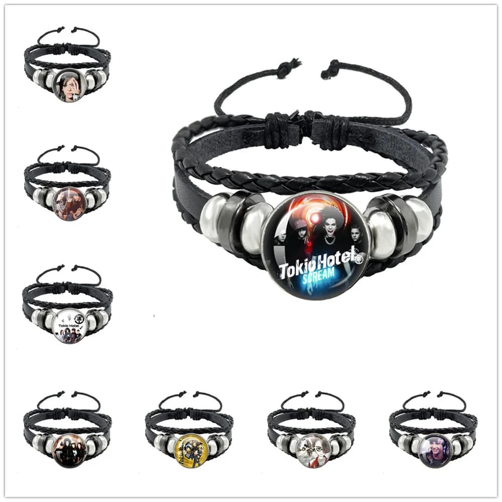 Tokio Hotel Pop Retro Rock Band Bill Kaulitz Band Corda nera Bottone Cabochon in vetro Bracciale in pelle Gioielli Fascino Regalo per i fan
