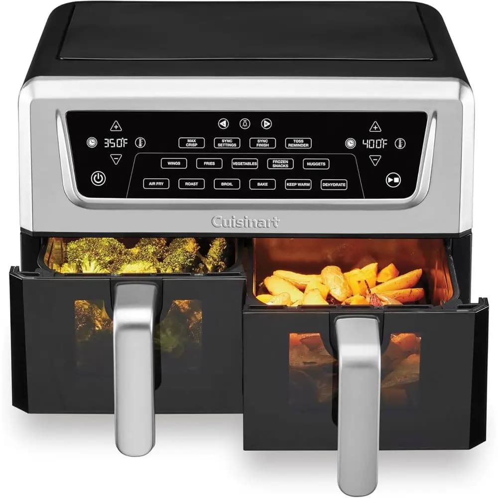 Friggitrice ad Aria con Doppio Vaso, Capacità 11 Litri, 6 Funzioni: Friggere ad Aria, Arrostire, Cuocere al Forno, Grigliare, Disidratare, Mantenere Caldo, Sincronizzazione Finitura e Impostazioni