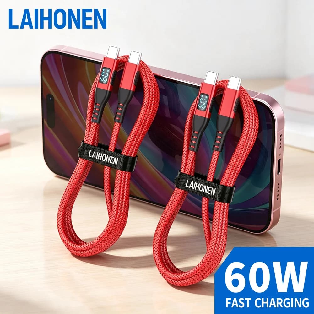 LAIHONEN 1Pack 2Pack 60W USB C to USB C Cable PD 2.0 LED Digital Display Fast Charging Cord for MacBook iPhone 17 Samsung S25