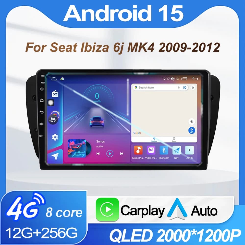 Autoradio Android da 9 pollici per Seat Ibiza MK4 6J 2008-2015 Lettore multimediale CarPlay Auto GPS navigazione GPS Unità principale Schermo QLED