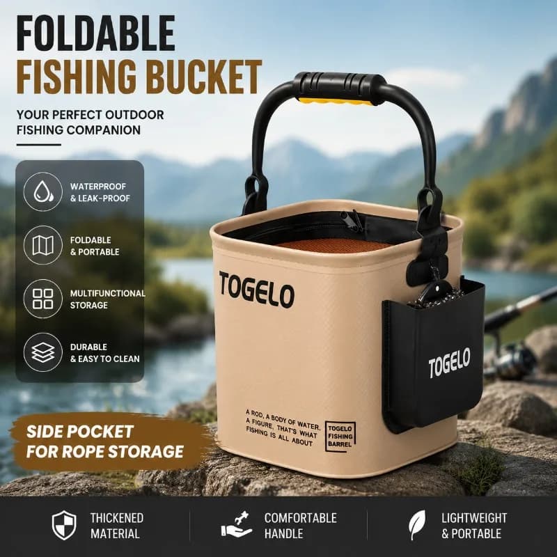 Portable Foldable Fishing Bucket Live Fish Box Outdoor Tackle Organizer Waterproof Water Container With Side Pocket Rope Storage